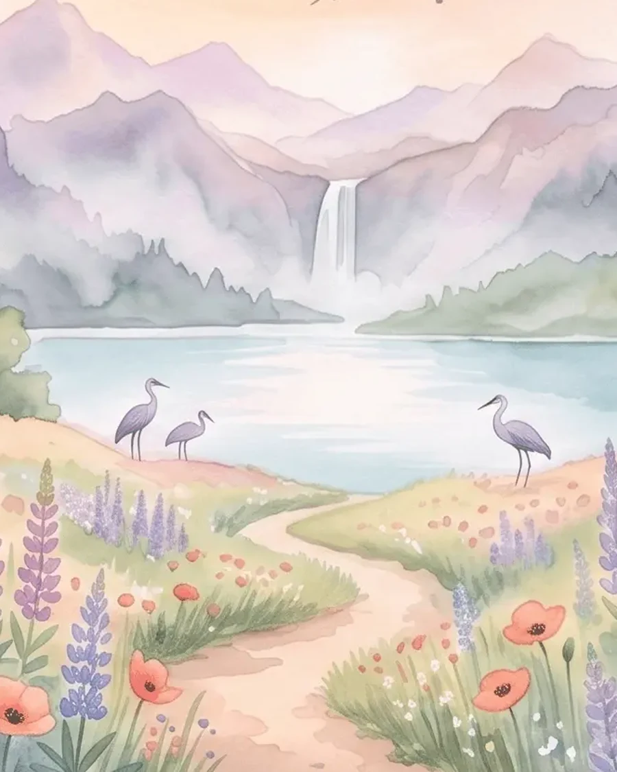 Watercolour illustration of a path leading through wildflowers to a lake and waterfall